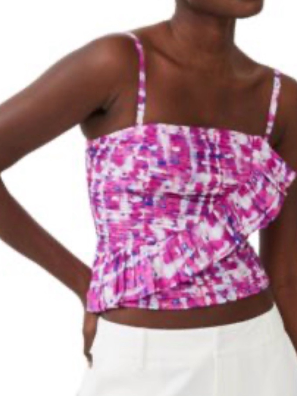 French Connection Pink Tie-Dye Smocked Spaghetti Strap Crop Top